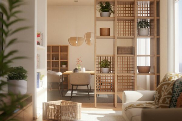 Modern living room with natural light and wooden accents blending styles
