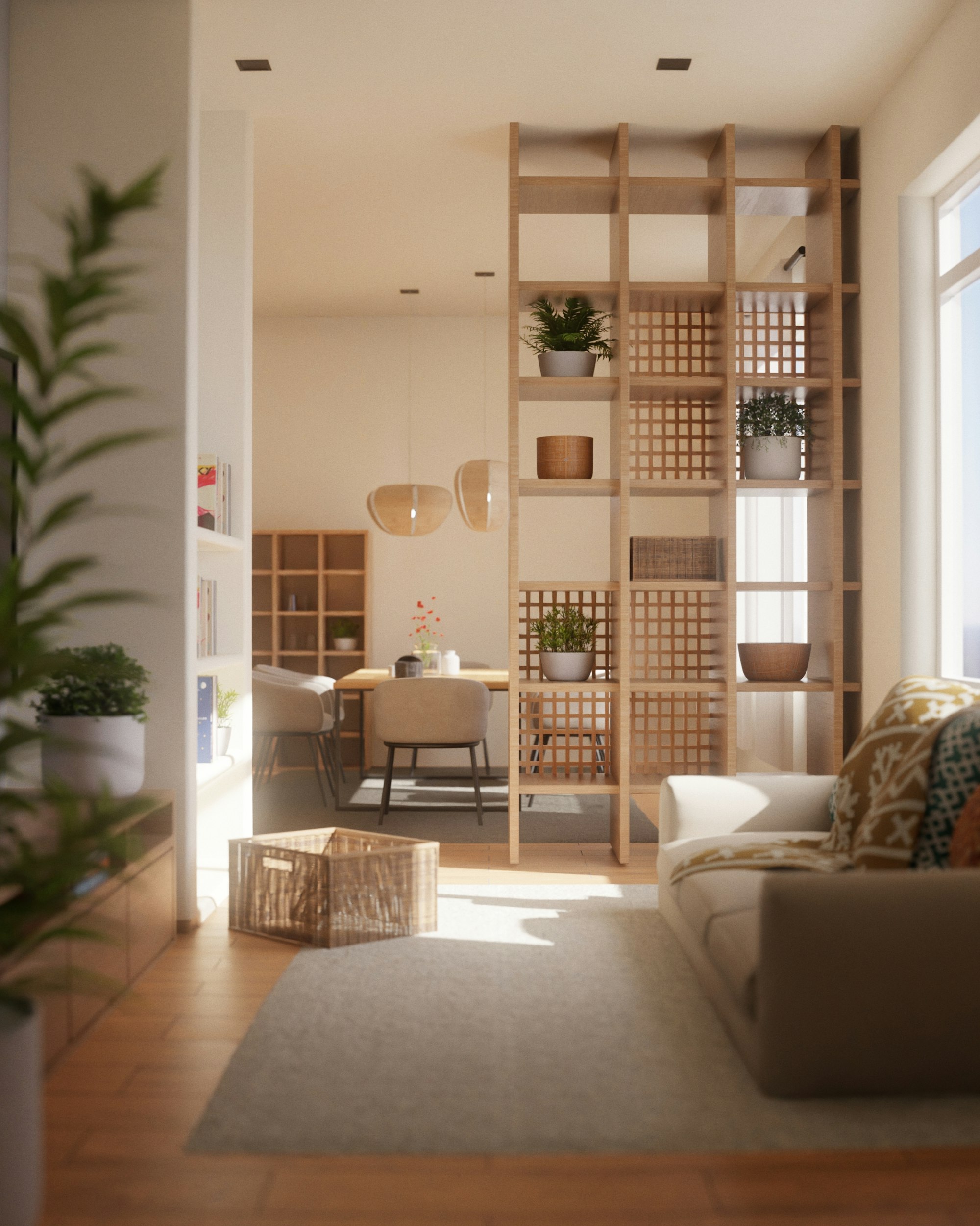 Modern living room with natural light and wooden accents blending styles